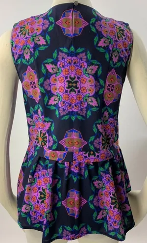 J. Crew Navy Colorful Damask Mirror Image Peplum Hem Top Tank Blouse Size 2 thumbnail 3