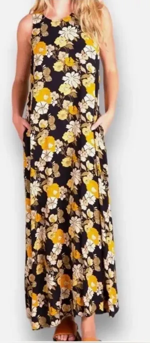 Natural Life Floral‎ Maxi Dress Black Yellow Sleeveless Pockets L/XL thumbnail 1