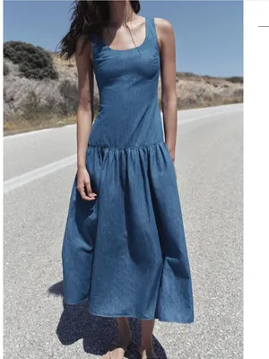 NWOT ZARA MIDI CAPE Denim SKIRT DRESS Medium Blue Cotton Linen Blend thumbnail 2
