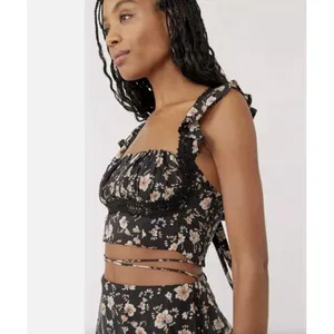 Free People Top Bijou Square Neck Floral Ruffle Sleeve Shoulder Tie Size 2‎ NEW thumbnail 2