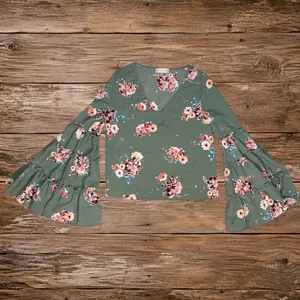 Altar'd State Boho Floral Bell Sleeve Blouse Small Sage Green Peasant Top thumbnail 2
