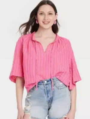 Universal Thread Pink & White Striped V Neck Tie Half Sleeve‎ Top Sz XS NEW thumbnail 1