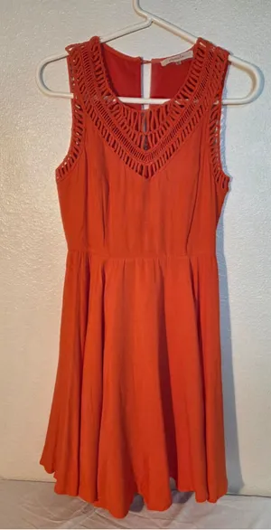 Pomelo Openwork Crochet Yoke Sleeveless Fit Flare Dress Rust Orange XS W-268 thumbnail 1