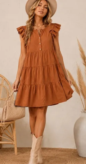 Umgee Rust Tiered Mini Dress Ruffle Sleeve Boho Cottagecore Size Small thumbnail 1