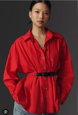Anthropologie Belted‎ Button down red Shirt with Belt size 8 thumbnail 1
