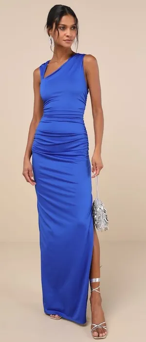 NWT Lulus Enticing Darling Royal Blue Asymmetrical Ruched Maxi Dress Gala Sz S thumbnail 1