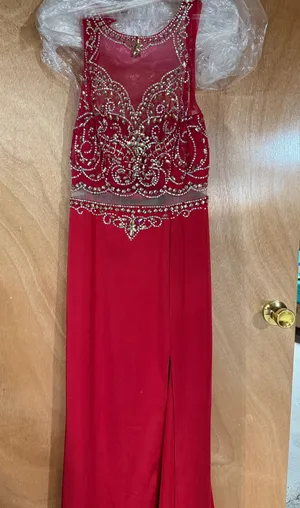 Red floor length prom dress with legs slit thumbnail 1