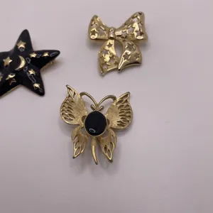 Lot Of 3 Vintage - Modern Brooch Pins Gold Tone / Black - Bow, Butterfly, Star thumbnail 6