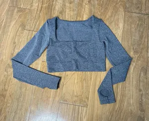 Women's Square Neck Long Sleeve Crop Top - Heather Gray thumbnail 1
