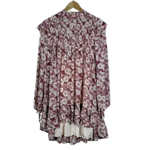 Free People Floral Babydoll Ruffle Mini Dress Burgundy Boho Pintuck Size S thumbnail 6
