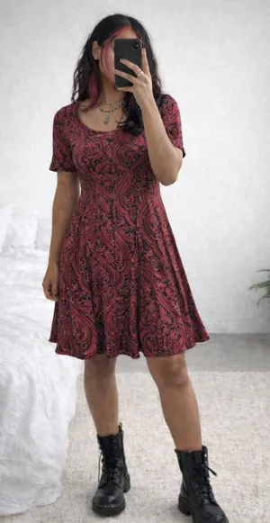 Whimsigoth Skater Dress S Fit Flare Black Red Paisley Emo Feminine Flowy thumbnail 1