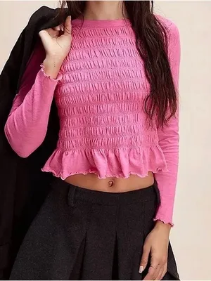 Free People We The Free Sylvie Smocked Long Sleeve, Pink, Size S thumbnail 2