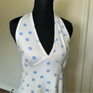 Y2K White Backless Halter Dress with Blue Flowers XL thumbnail 2
