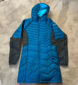 Columbia Termal Coil mid length coat Teal blue w/gray sleeves/side detail Size M thumbnail 1