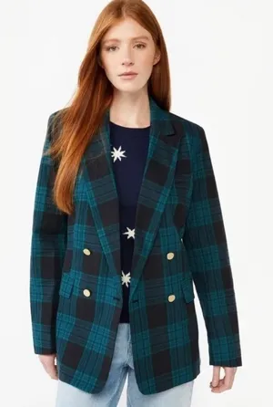 Free Assembly Women's Plaid Double‎ Breasted Blazer Teal Black Gold Buttons XS thumbnail 1