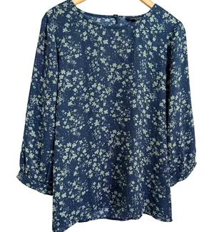 41 Hawthorne Blue Floral Print Blouse Women's Size M‎ Keyhole Back 3/4 Sleeve thumbnail 1