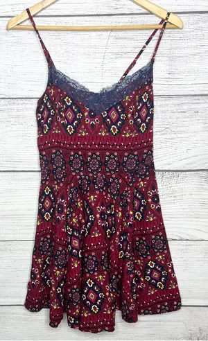 Hollister Bohemian Lace Trim Spaghetti Strap Mini Dress Size Medium Red Blue thumbnail 1