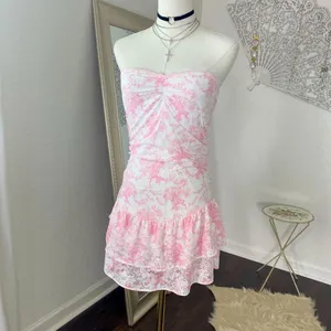 NWOT PINK x LoveShackFancy Strapless Lace Mini Dress Pink M thumbnail 2