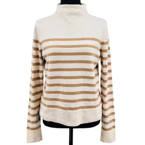 Vince.‎ Wool Cashmere Sweater Women's Stripe Mock Neck Cream Tan White Medium thumbnail 3