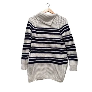 Lands End Navy Blue White Striped Knit‎ Sweater Tunic Size Small Cotton Collar thumbnail 2