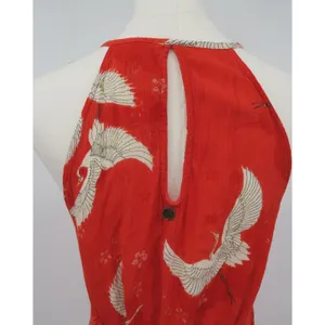 Billabong Red Crane Print Halter Mini Dress Women Medium Keyhole Neck Tie Waist‎ thumbnail 5