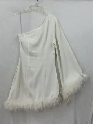 Elliatt One-Shoulder White Feather-Trim Mini Dress1175 thumbnail 3