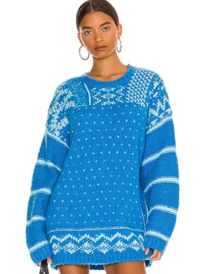 Free People Oversized Fair Isle Tunic Snow Day Pullover Wool Blend Sweater XL thumbnail 1