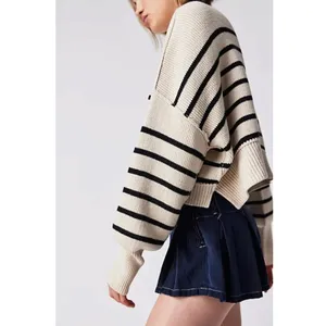 Free People Easy Street Stripe Crop Pullover Medium Cream Black Coastal Preppy thumbnail 5