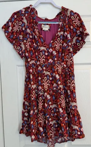Anthropologie Robin Mini Dress XS‎ Red Pink Babydoll Floral Ruffled Tiered Fairy thumbnail 1