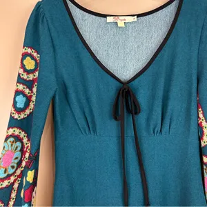 Aryeh Teal Floral Knit Sweater Babydoll Dress Small Colorful Flower Power Retro thumbnail 2