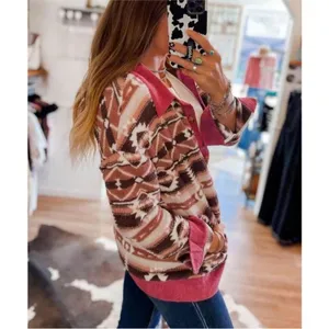 Aztec Patterned boho Pink fuzzy button up shacket Cardigan sweater size medium thumbnail 2
