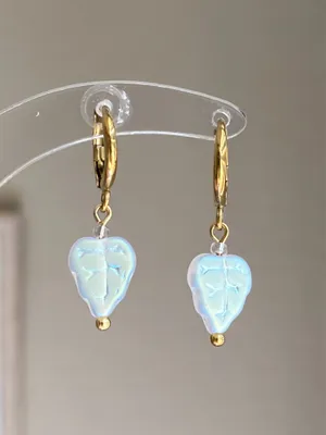 Handmade fairy cottage dainty simple Czech glass leaf dangle earrings🍃🩵 thumbnail 2