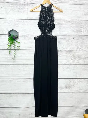 Sheer Black Lace Halter Neck Open Back High Slit Maxi Evening Gown Size Small thumbnail 4