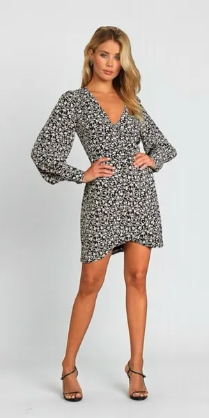 Lulus Fall Into You Black Floral Print Long Sleeve Wrap Dress Medium thumbnail 1