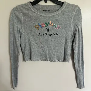 Playboy by PacSun Women's Medium Gray‎ Crop Top Long Sleeve Lettuce Hem thumbnail 1