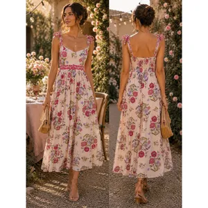 Patrons of Peace Floral Tie Strap Midi Dress Boho Cottagecore Smocked Medium thumbnail 3