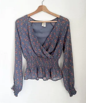 Japna Floral V Neck Shirt Smocked Waist Long Sleeve Womens Blouse thumbnail 3