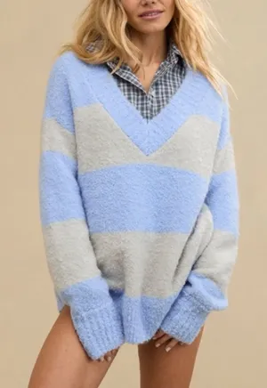Aerie Teddy Boucle Sweater Ocean Sky Stripes Women’s Medium thumbnail 1