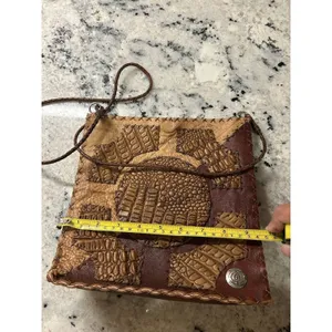 Brown Leather Patchwork Shoulder Bag Purse Unlined Boho Hippie Festival Snap thumbnail 4