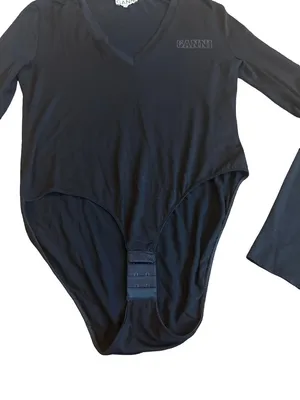Ganni Software Black Deep V Neck Long Sleeve Fitted Bodysuit Scoop Large Women's thumbnail 4