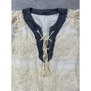 Boho Mini Dress Denim White Lace Crochet Cottagecore Western Large thumbnail 6