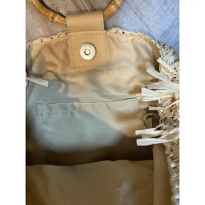 Boho Straw Crossbody Bag Bamboo‎ Handle Fringe Tote Beach Purse Two Tone Chic thumbnail 6