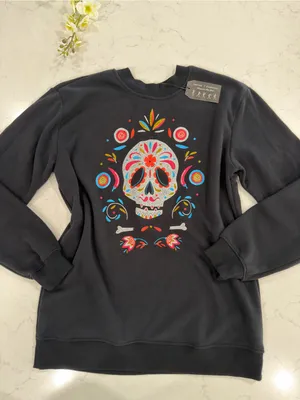 Black Crewneck Sweatshirt with Colorful Sugar Skull Graphic over size thumbnail 2