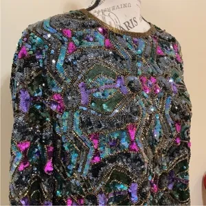 Vintage Art Deco 100% Silk Sequin & Beaded Top M thumbnail 6