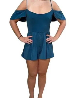 URBAN OUTFITTERS Off Shoulder Teal Ruffle Stretch Shorts Romper - size XS thumbnail 1