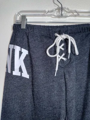 PINK Victoria’s Secret Lace-Up Jogger Sweatpants Dark Gray Logo Fleece thumbnail 2
