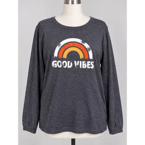 Women's Good Vibes Rainbow Graphic Long Sleeve Tee Charcoal Gray XL thumbnail 2