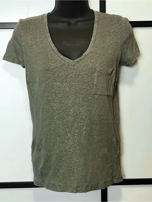 J. Crew Women's Olive V-Neck Linen Pocket Tee Silver Metallic Thread thumbnail 1