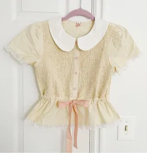 Pastel Yellow Japanese Kawaii Ballet Cottage Pink Ribbon Button Down Shirt Top thumbnail 1
