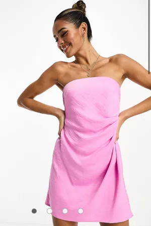 ASOS DESIGN satin bandeau mini dress with gathered waist detail in pink thumbnail 1